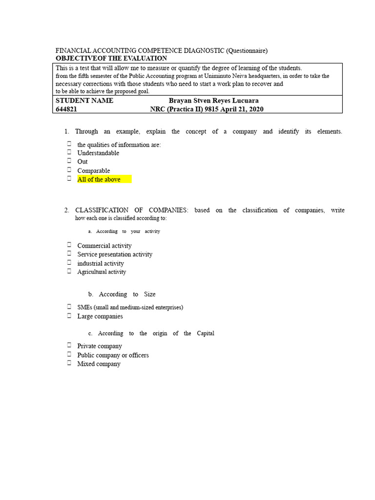 Diagnostic Questionnaire Financial Accounting 5 | PDF | Expense | Inventory