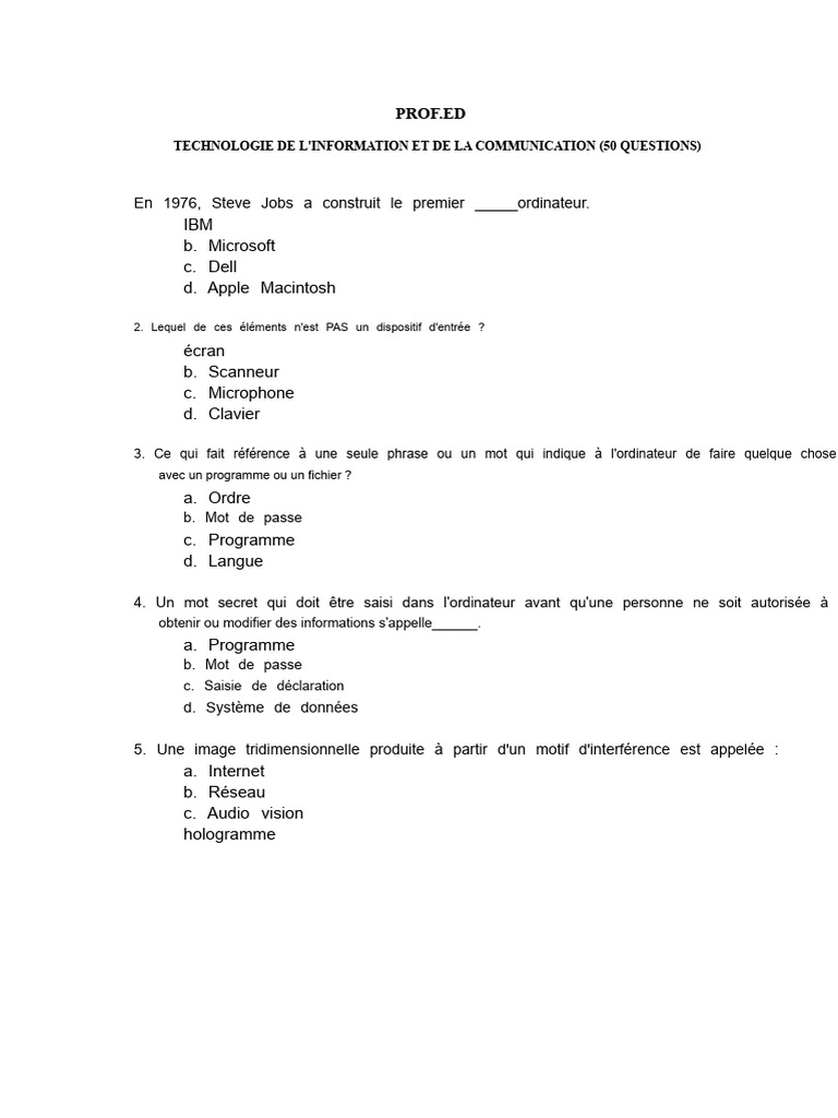 50 Questions sur TIC et Informatique | PDF | Imprimante (Informatique ...
