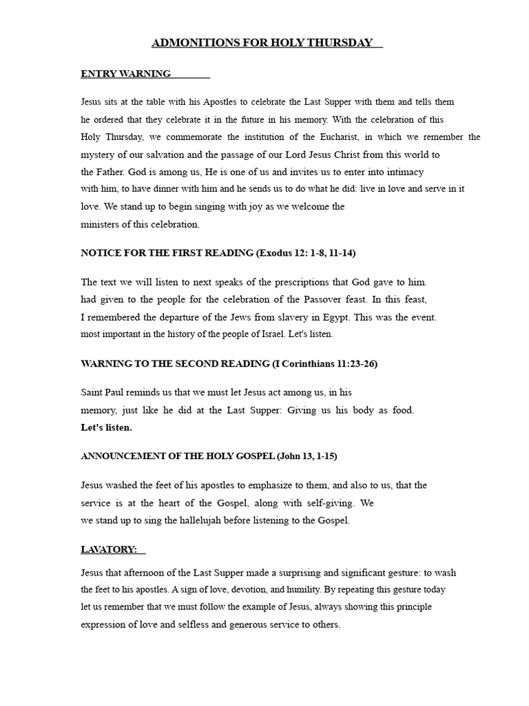 Admonitions For Holy Thursday | PDF | Eucharist | Last Supper