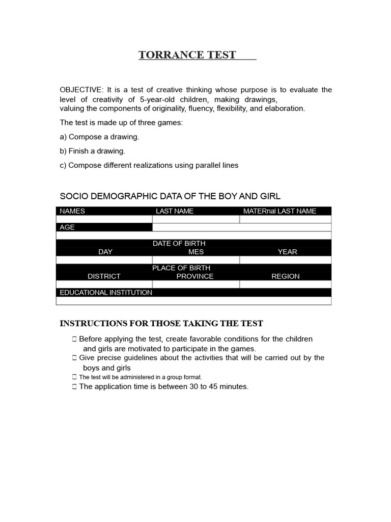 Torrance Test for Assessing Creativity | PDF