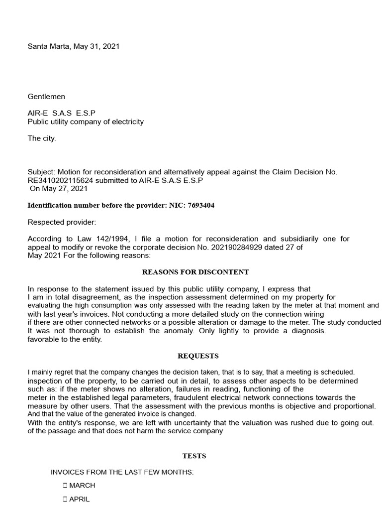Recourse For Reconsideration in Appeal Subsidy Before (Air-E) | PDF