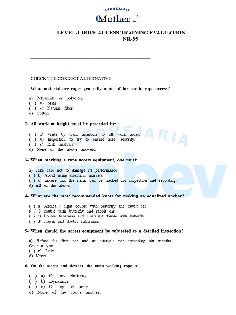 Level-1 Rope Access Training Quiz | PDF | Rope | Knot