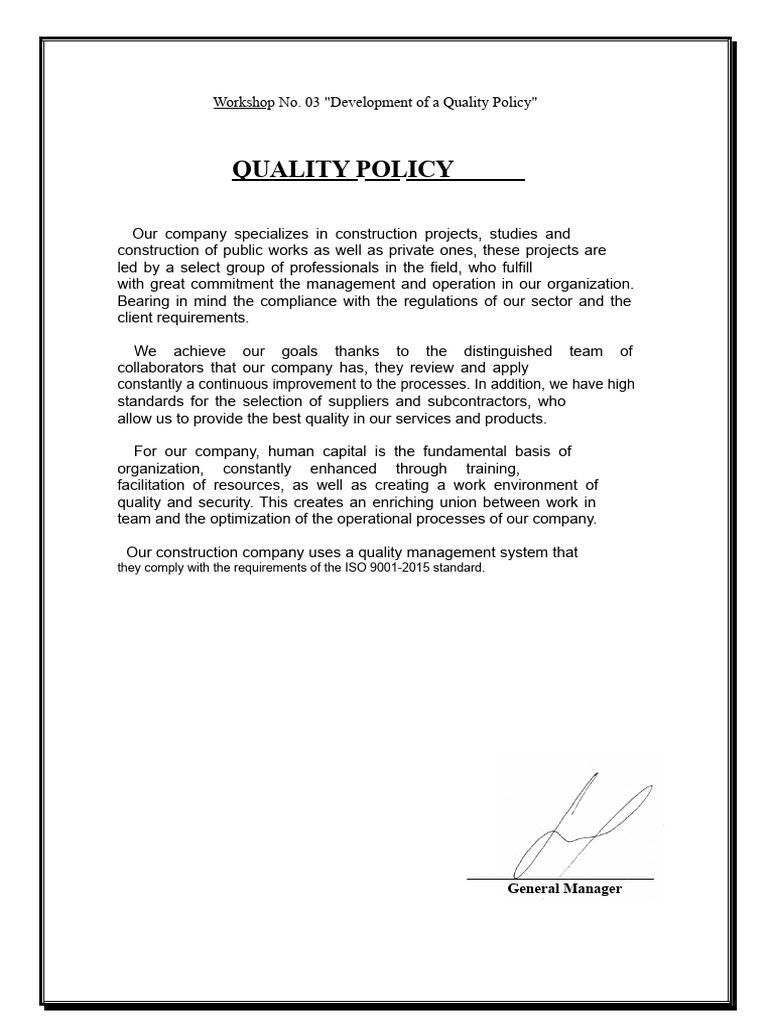 Workshop No. 3 Quality Policy | PDF