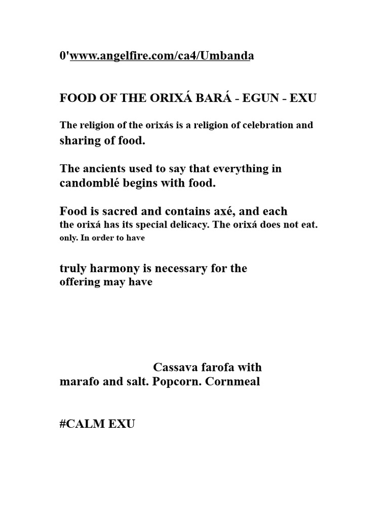 Food of The Orixá Bará - Egun - Exu | PDF | Foods | Cuisine