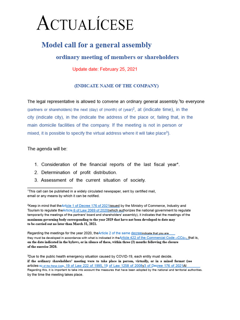 1 Model of Call For An Ordinary General Assembly of Members or ...