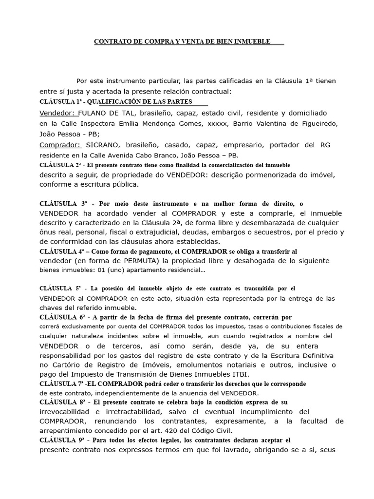 Contrato de Compra y Venta Inmueble | PDF | Derecho empresarial ...