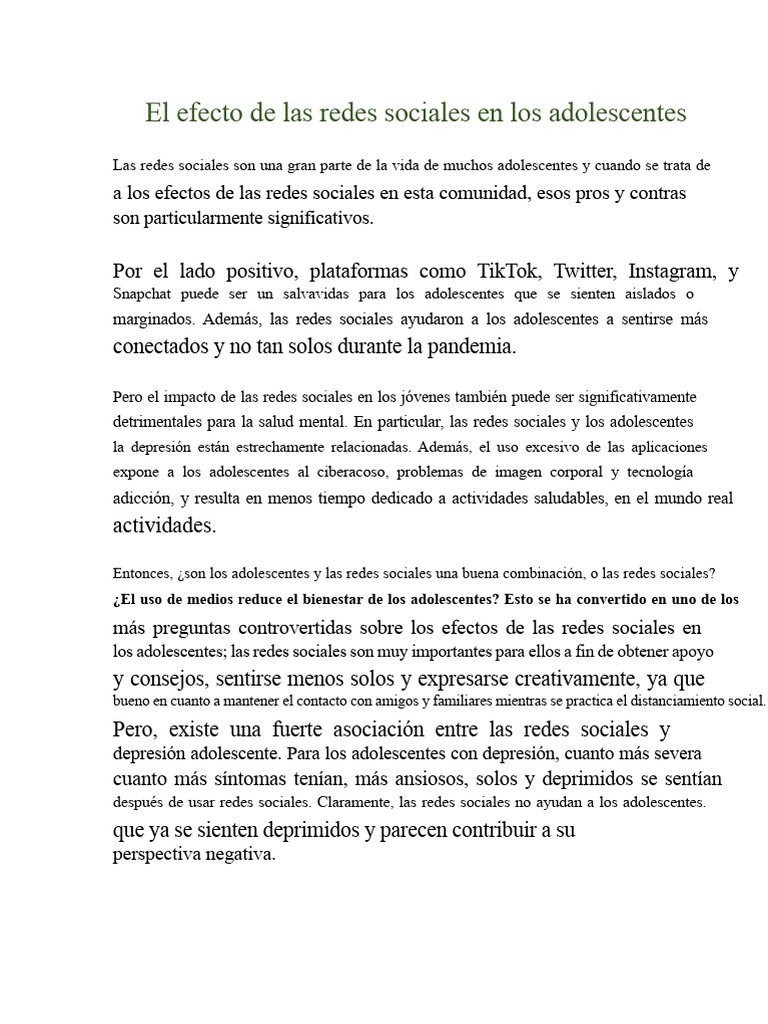El Efecto de Las Redes Sociales en Los Adolescentes | PDF | Trastorno ...
