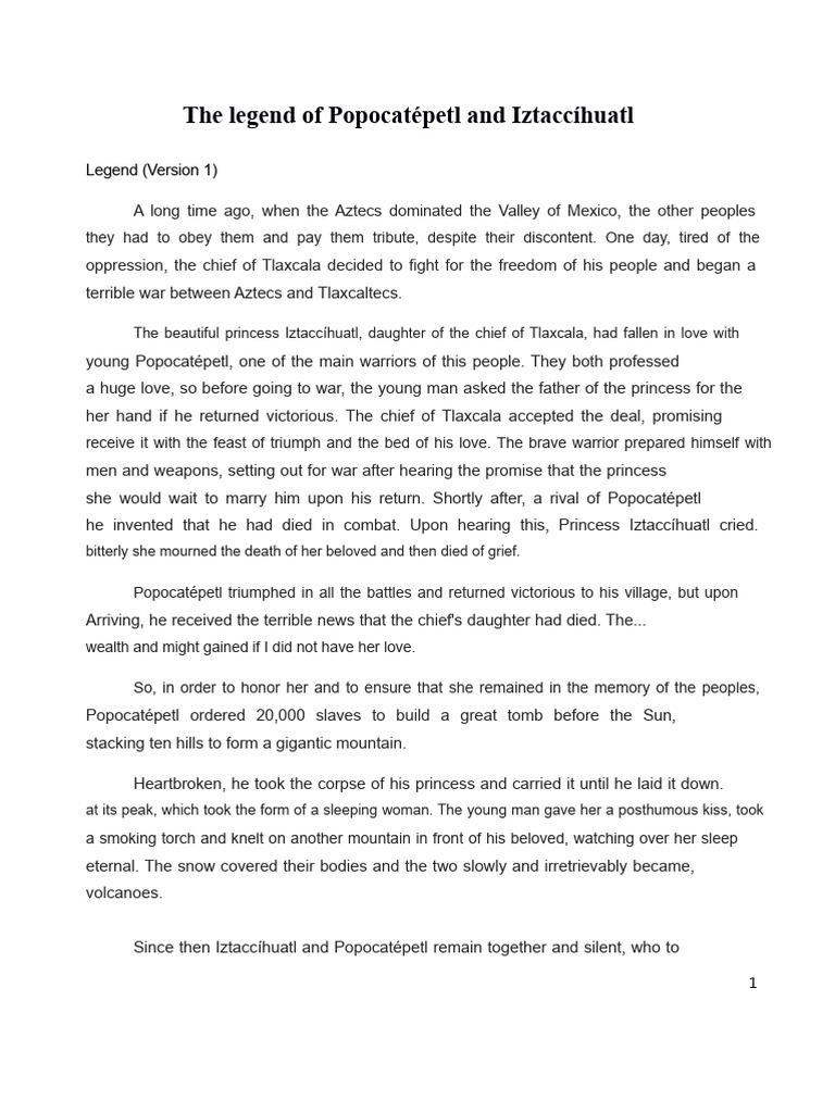 The Legend of Popocatépetl and Iztaccíhuatl | PDF | Prometheus