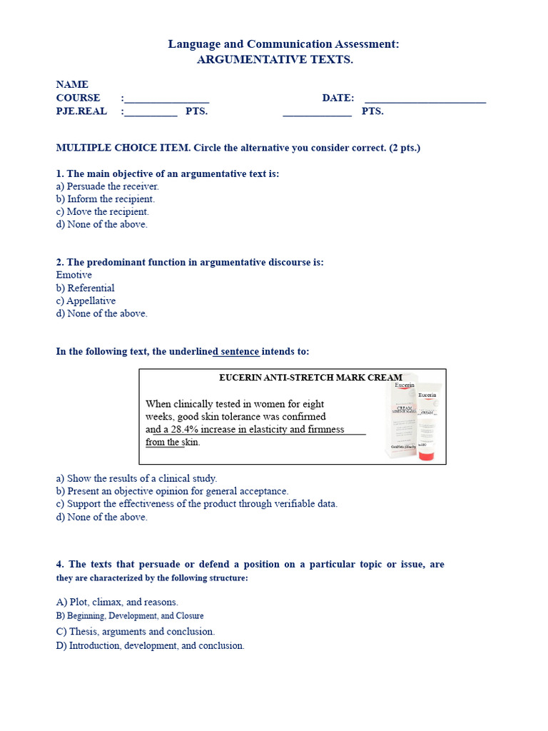Argumentative Texts Assessment Guide | PDF | Multiple Choice ...