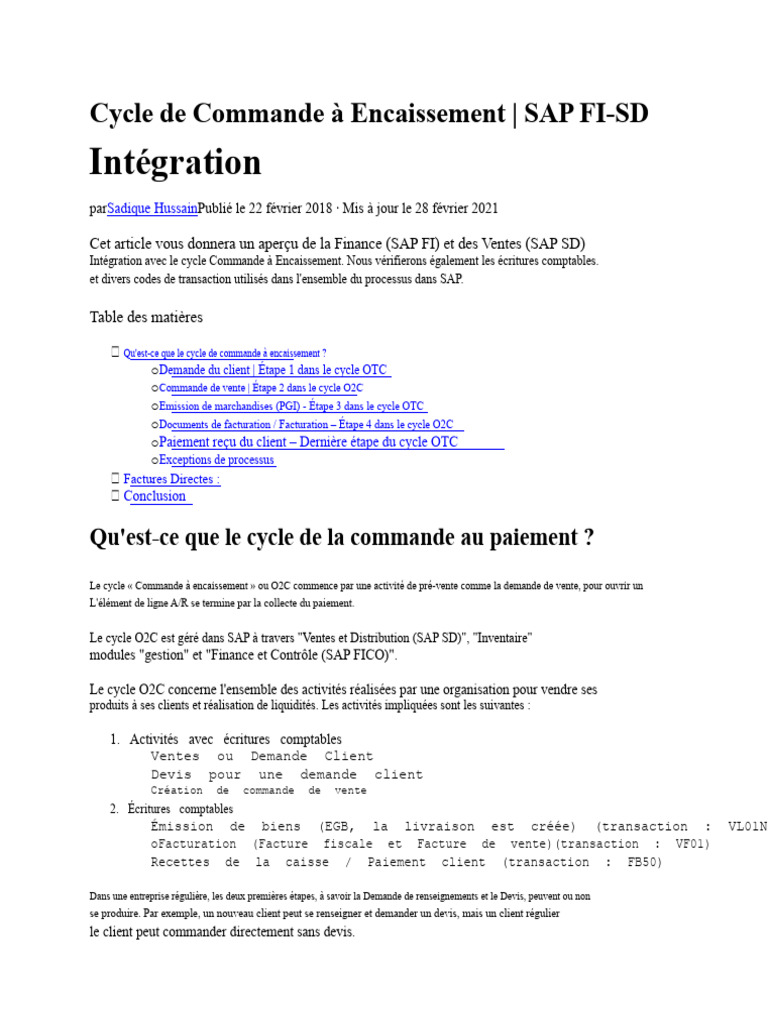 Intégration SAP FI-SD : Cycle O2C | PDF | Facture | Sodles
