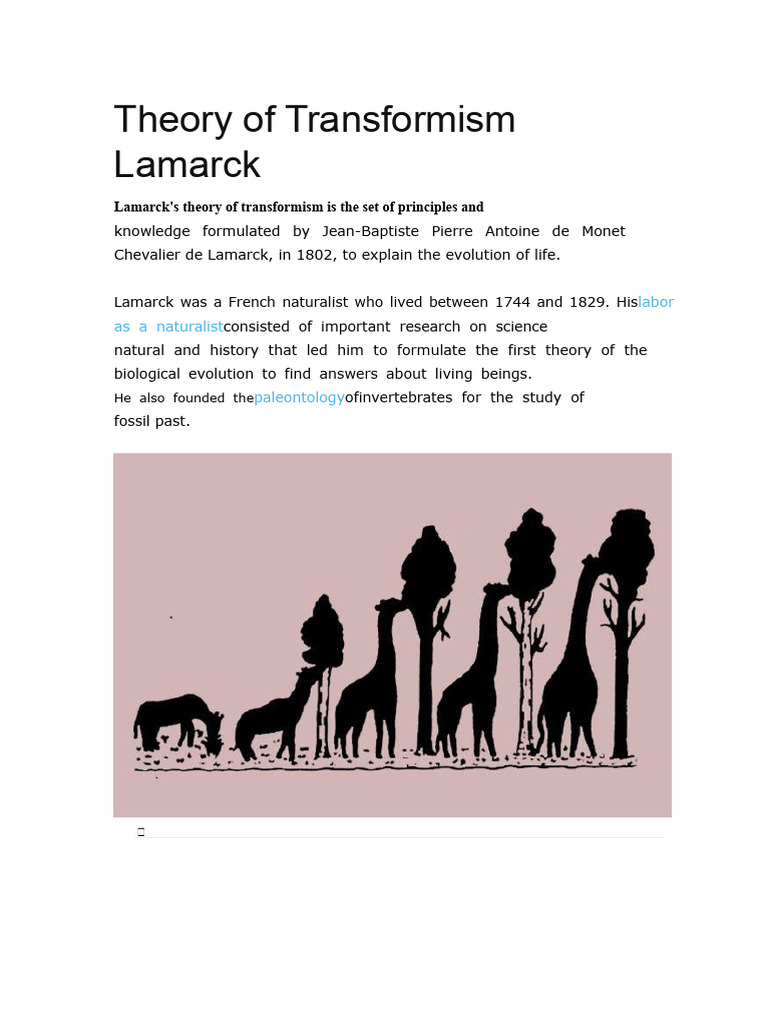 Lamarck's Transformism Theory Explained | PDF | Evolution | Science