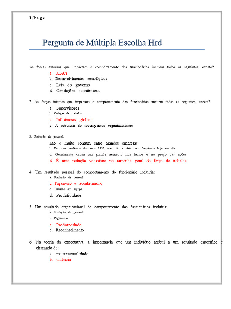 Pergunta de Múltipla Escolha de RH | PDF | Motivacional | Motivação