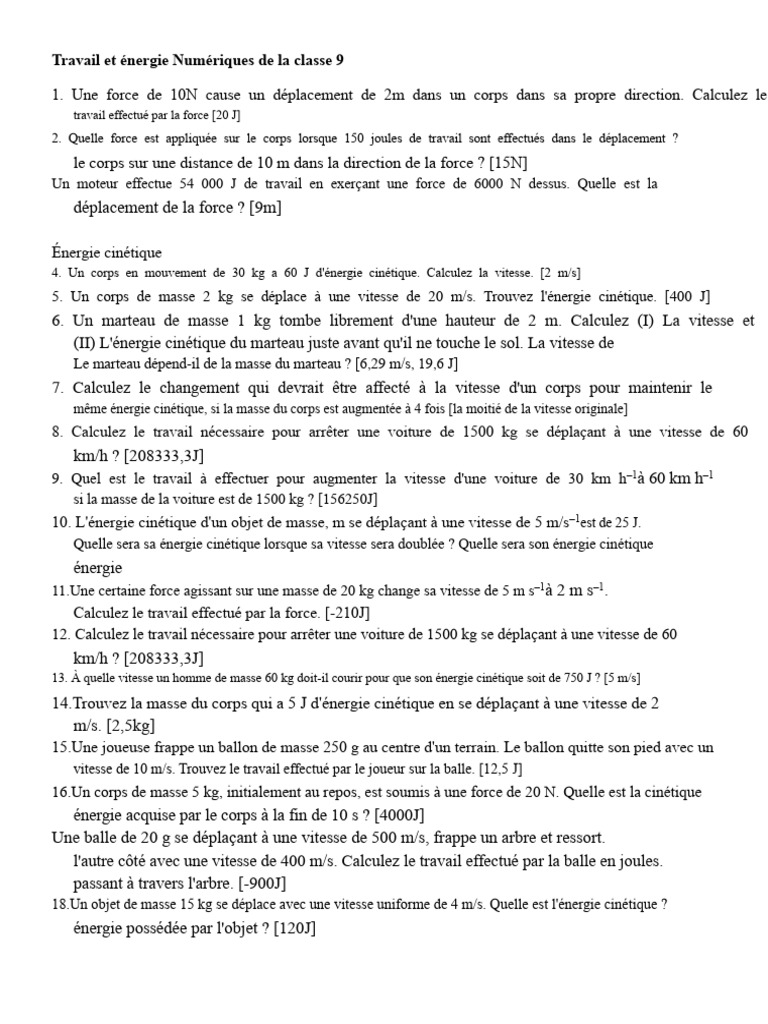 Travail et Énergie en Physique - Classe 9 | PDF | Puissance (physique ...