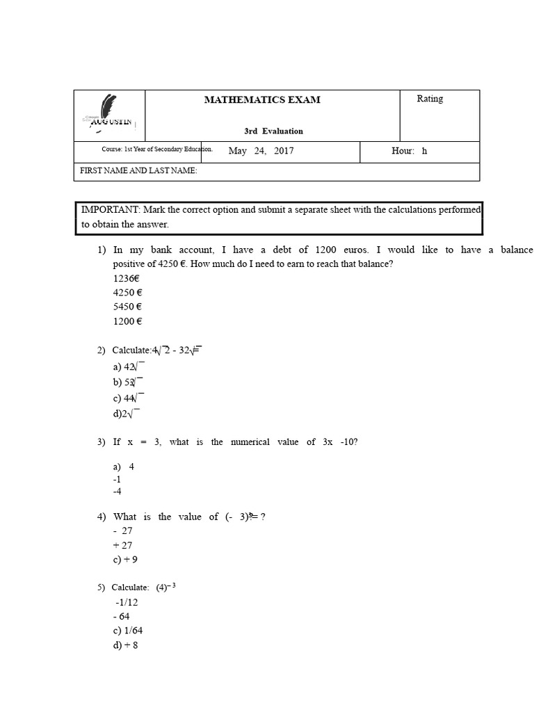 1st Year Secondary Math Exam 2017 | PDF | Numbers | Mathematics