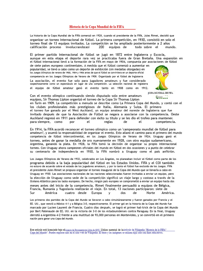 Historia de La Copa Mundial de La FIFA PDF | PDF | FIFA Copa del Mundo ...