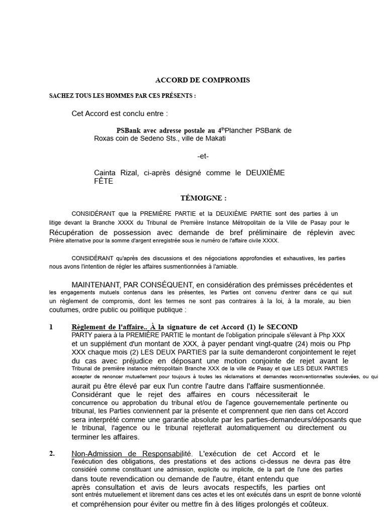 Accord de compromis entre PSBank et Cainta | PDF | Loi | Gouvernement