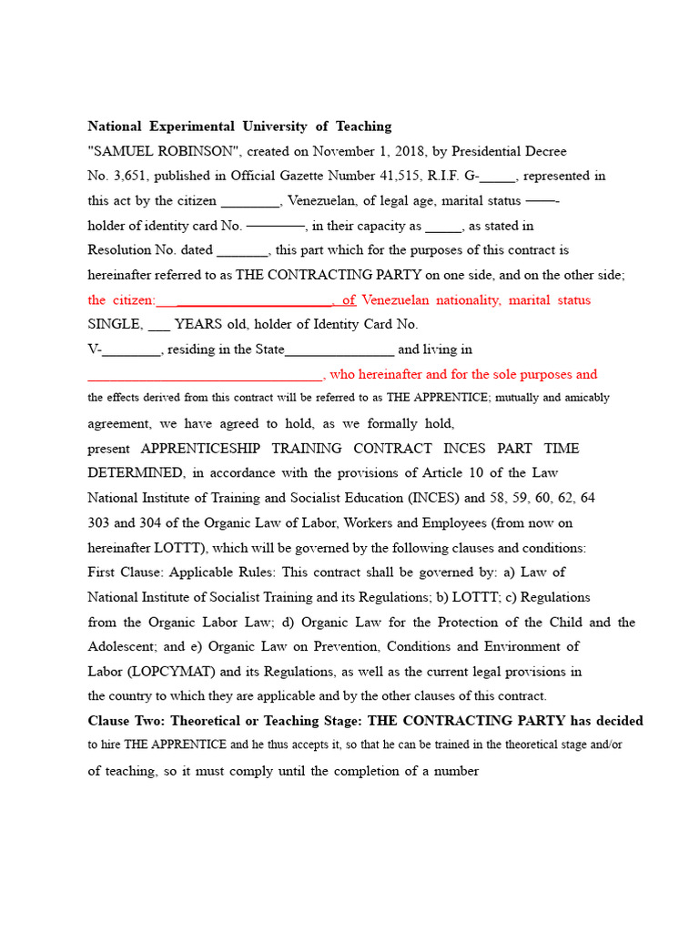 Model Apprenticeship Employment Contract INCES For A Fixed Term | PDF ...
