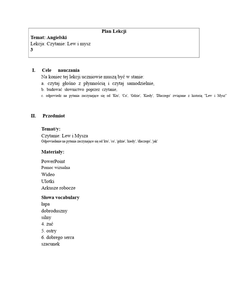 Plan Lekcji: Lew I Mysz | PDF
