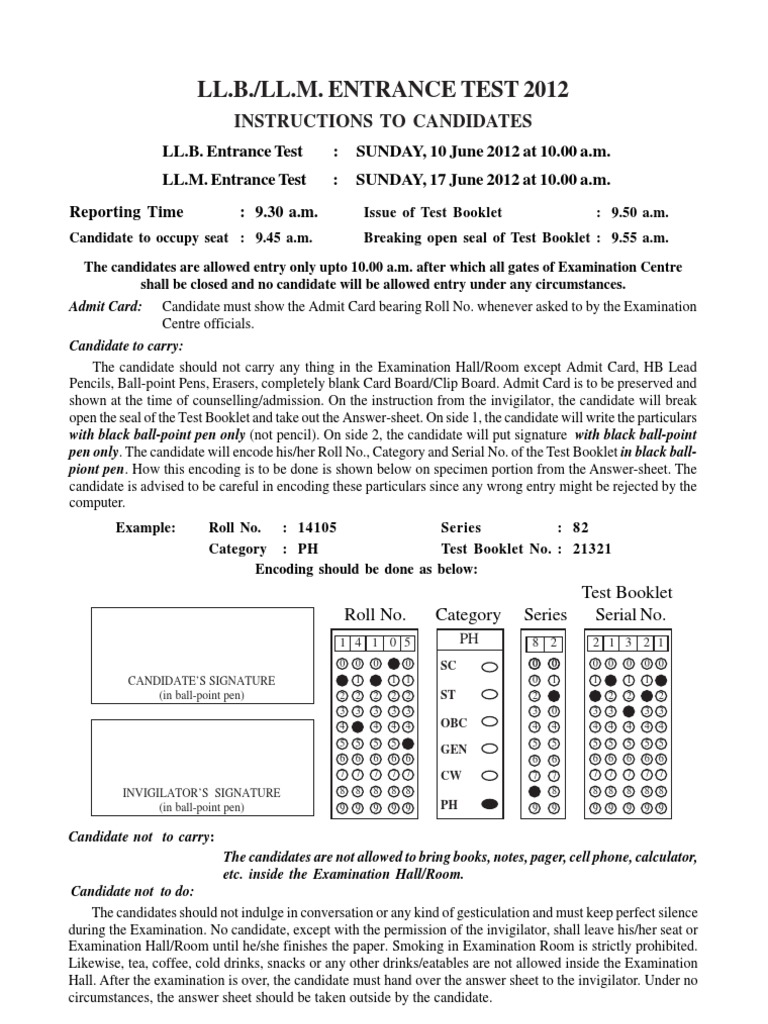 LL.B. LL.M. Entrance Test Instructions 2012 | PDF | Technology ...