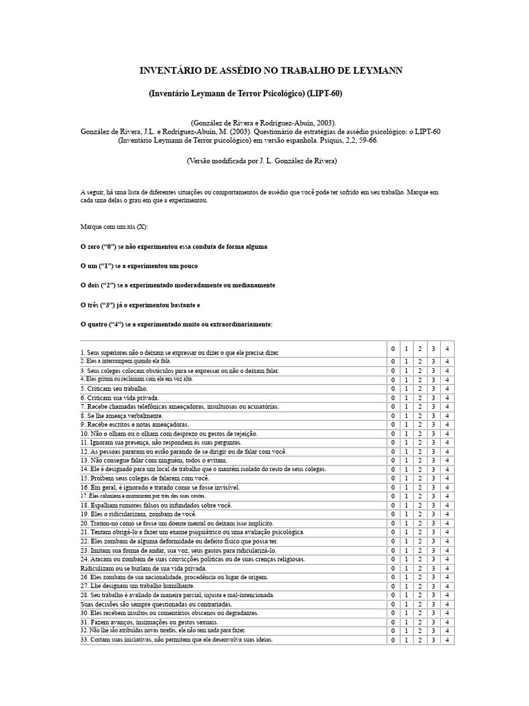 Inventário de Assédio Psicológico LIPT-60 | PDF | Psicologia