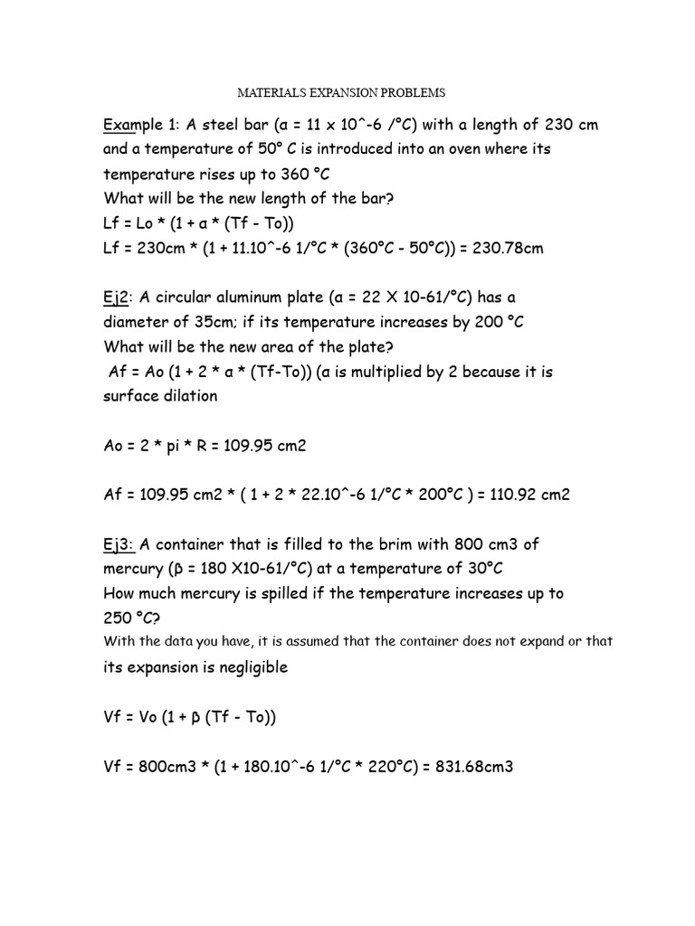 Materials Expansion Calculation Examples | PDF | Thermal Expansion ...