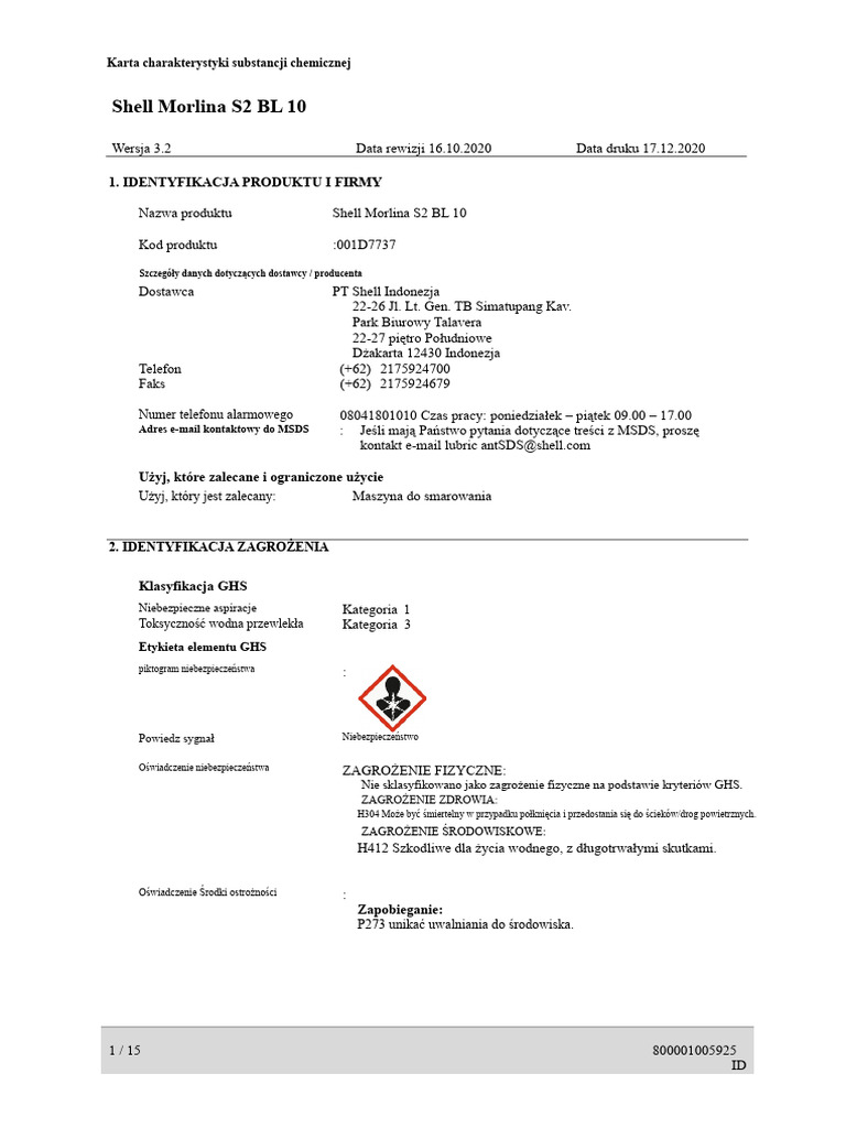 MSDS Olej Maszyna - Shell Morlina - Angielski | PDF