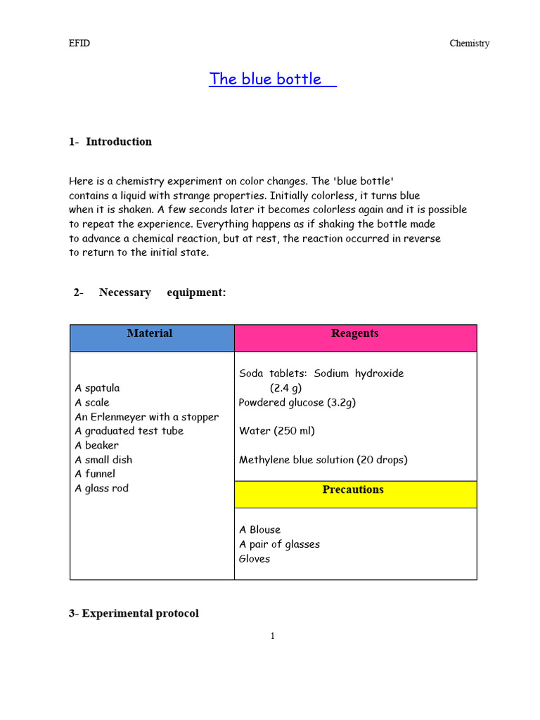 Blue Bottle Chemistry Experiment Guide | PDF | Chemical Substances ...
