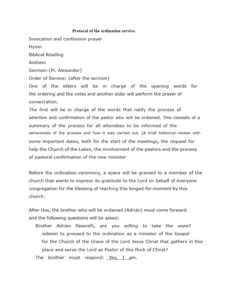 Ordination Service Protocol for Pastor | PDF | Pastor | Elder ...