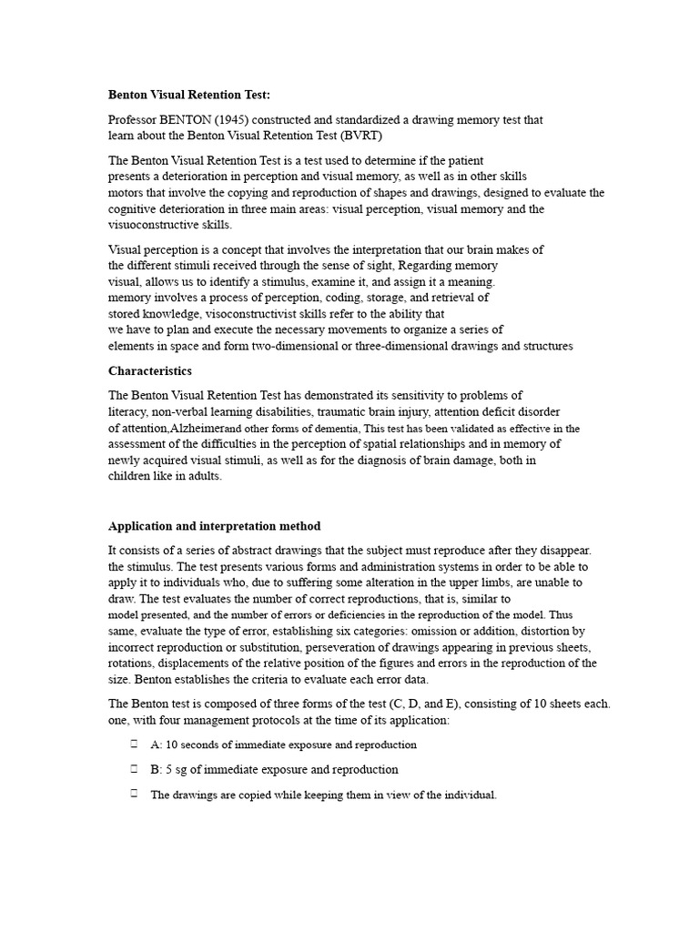 Benton Visual Retention Test Overview | PDF | Memory | Perception