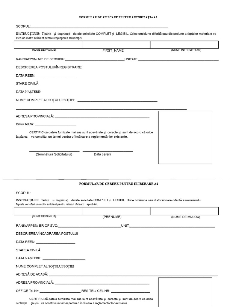 Formular de Aplicare Pentru Autorizația A2 | PDF