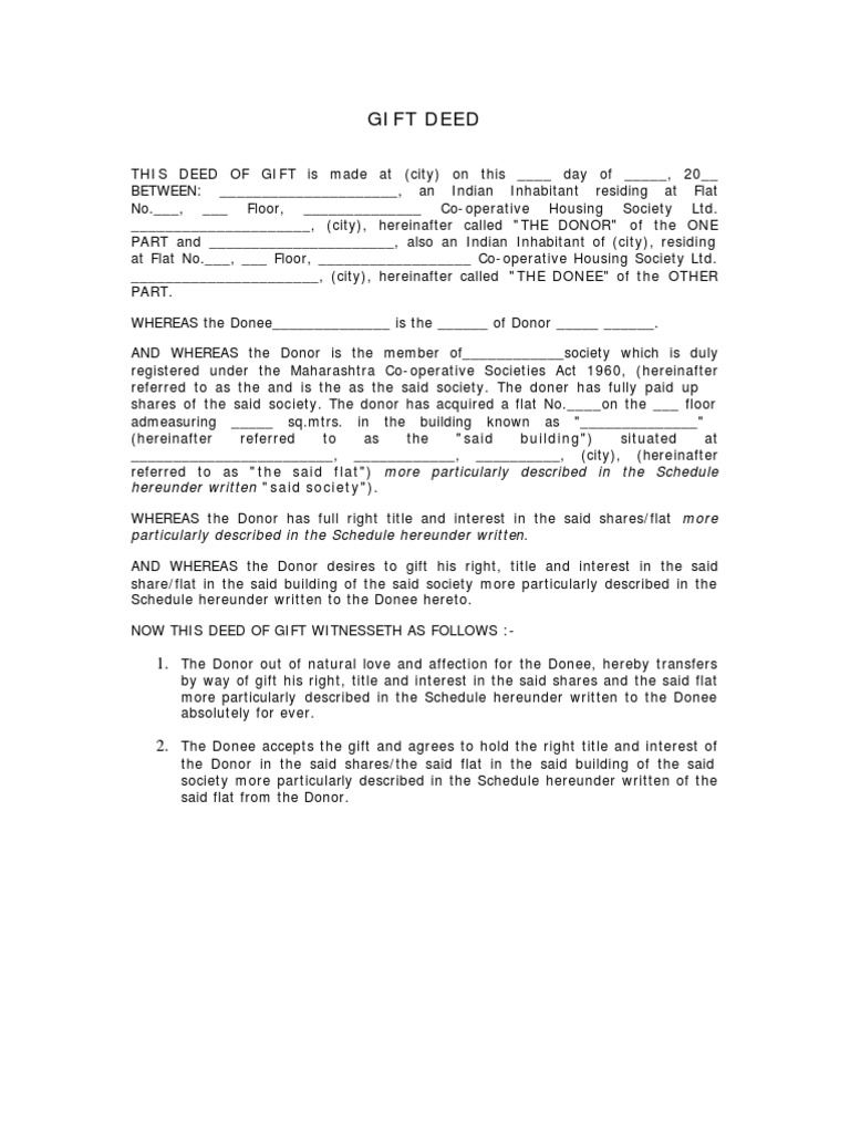 Gift Deed Form 1 Deed Common Law