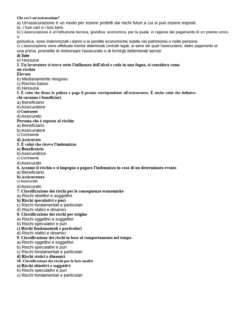 Test Domande e Risposte Assicurazioni | PDF