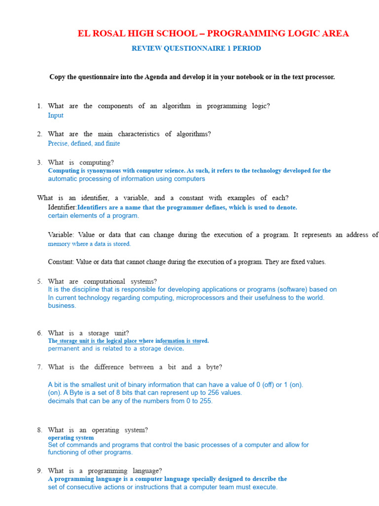 Programming Logic Questionnaire First Period Solved | PDF | Computer ...