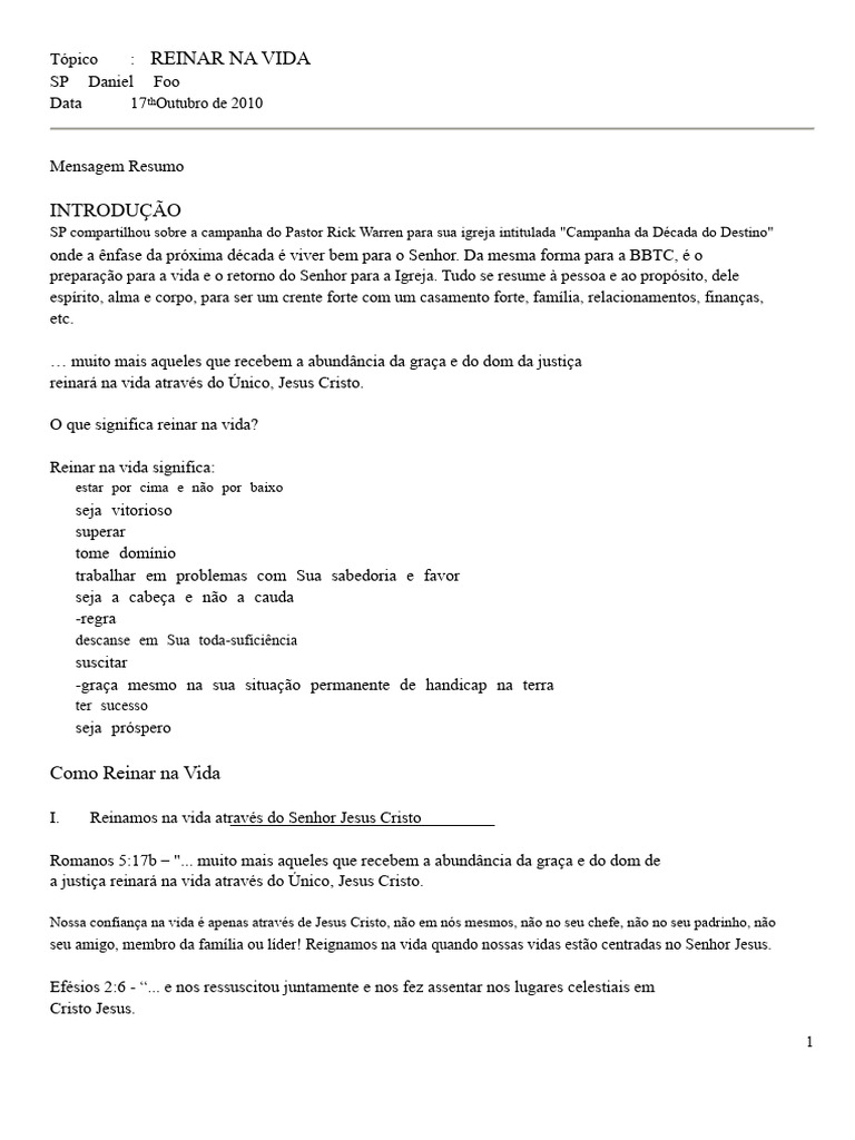 Reinar Na Vida Notas | PDF | Graça no cristianismo | Jesus