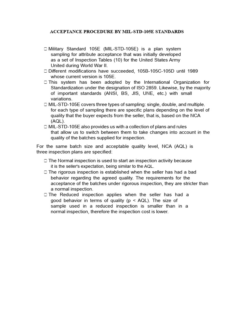 MIL-STD-105E Acceptance Procedures | PDF