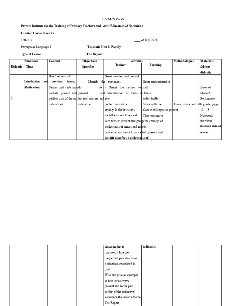 Lesson Plan: Report Writing in Portuguese | PDF | Grammatical Tense | Verb