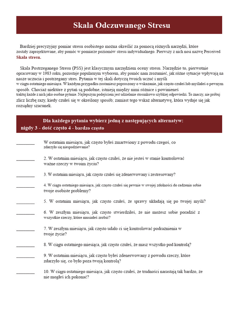 Skala Postrzeganego Stresu PDF | PDF