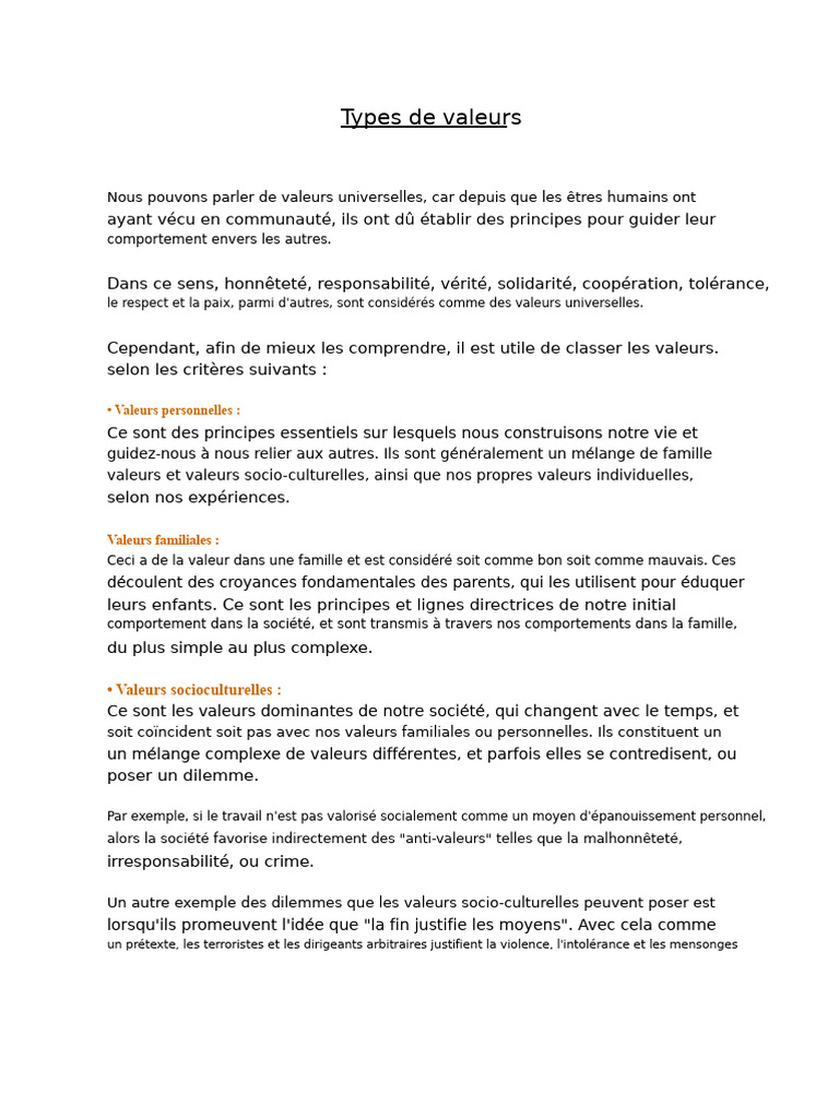 Classification des valeurs universelles | PDF | Valeurs (Éthique ...
