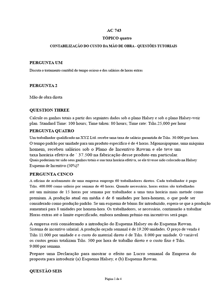 Contabilização de Mão de Obra e Incentivos | PDF | Custo de vida ...