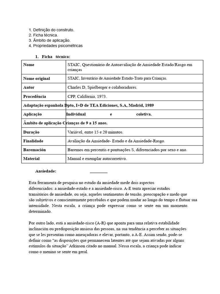 STAIC: Questionário de Ansiedade Infantil | PDF | Ansiedade | Ciências ...