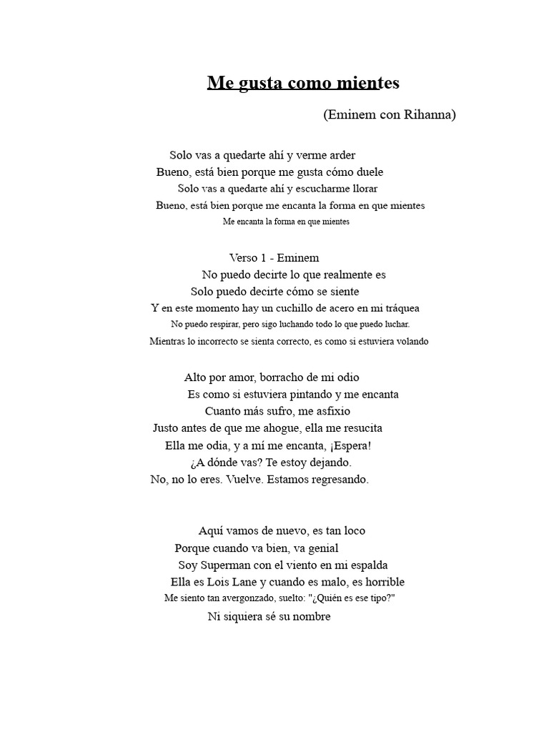 Letra de La Canción de Eminem Con Rihanna (Me Gusta Como Mientes) | PDF