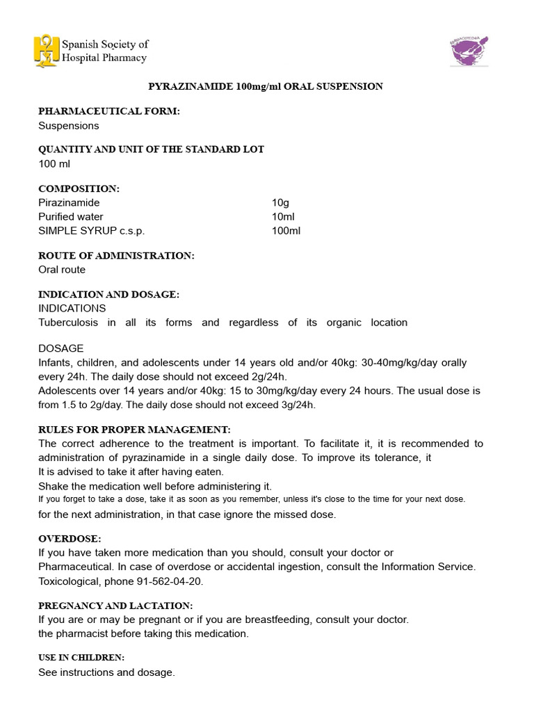 Pyrazinamide Oral Suspension Guide | PDF | Dose (Biochemistry) | Chemistry