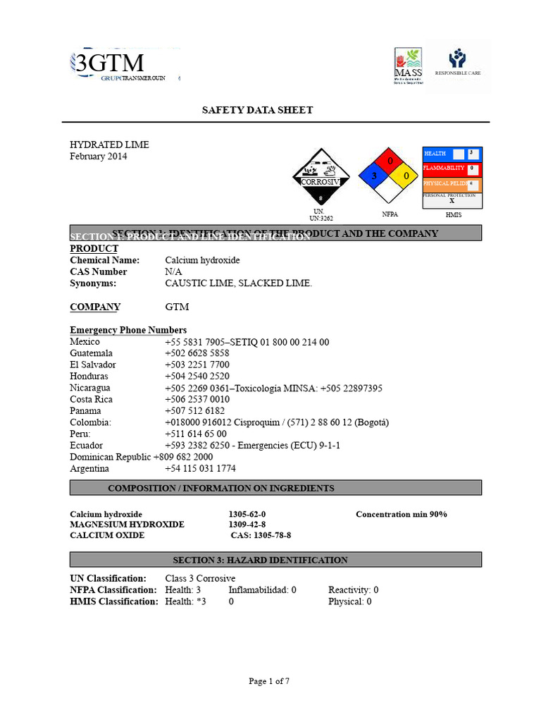 Hydrated Lime Safety Data Sheet | PDF | Chronic Obstructive Pulmonary ...