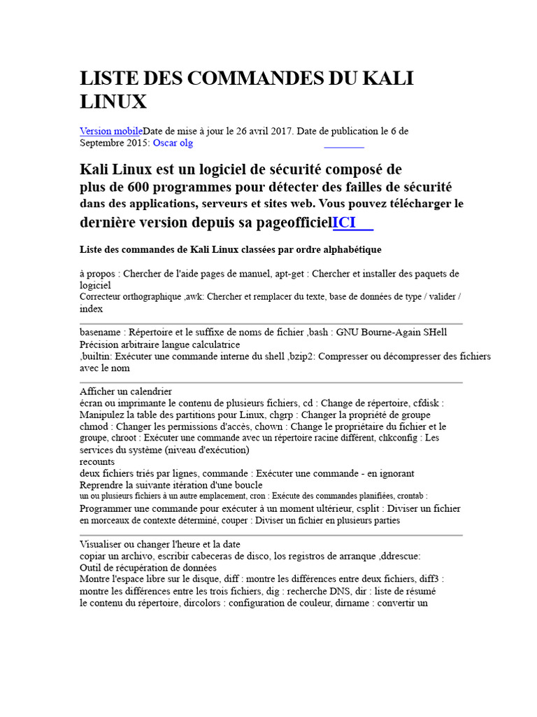 Commandes Kali Linux : Liste complète | PDF | Fichier informatique | Linux