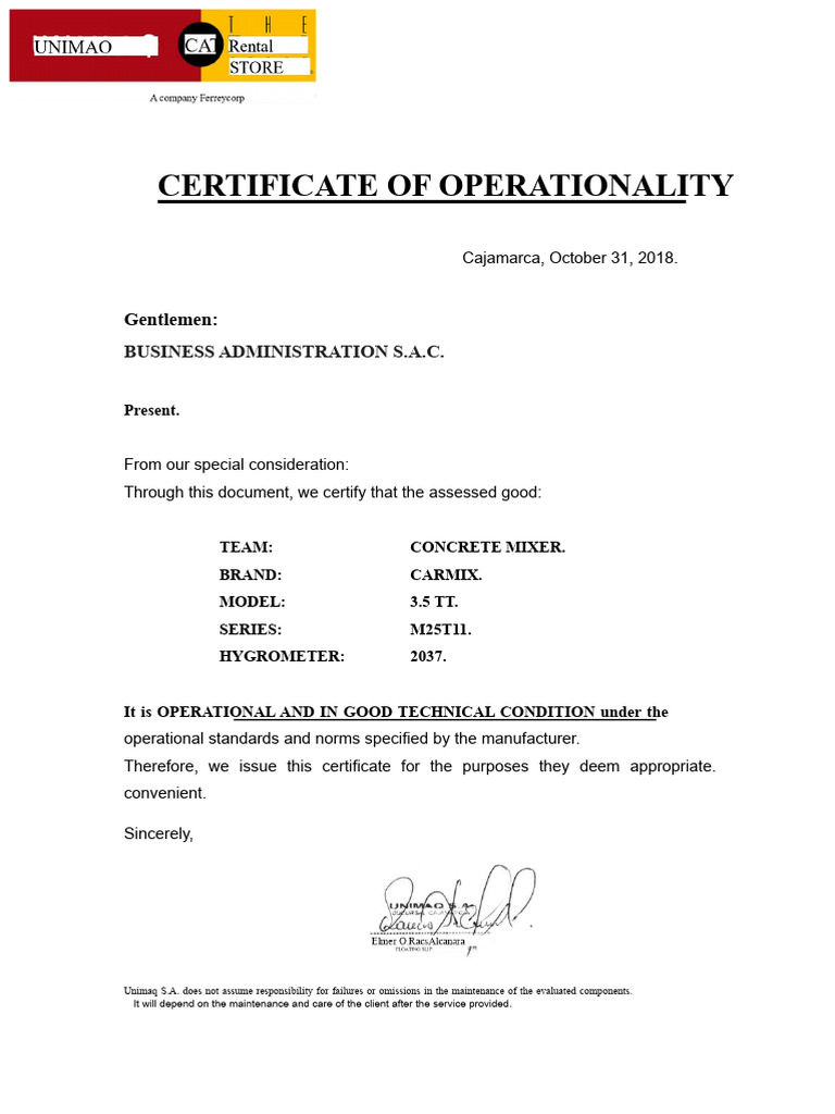 Operational Certificate - 00110038 | PDF
