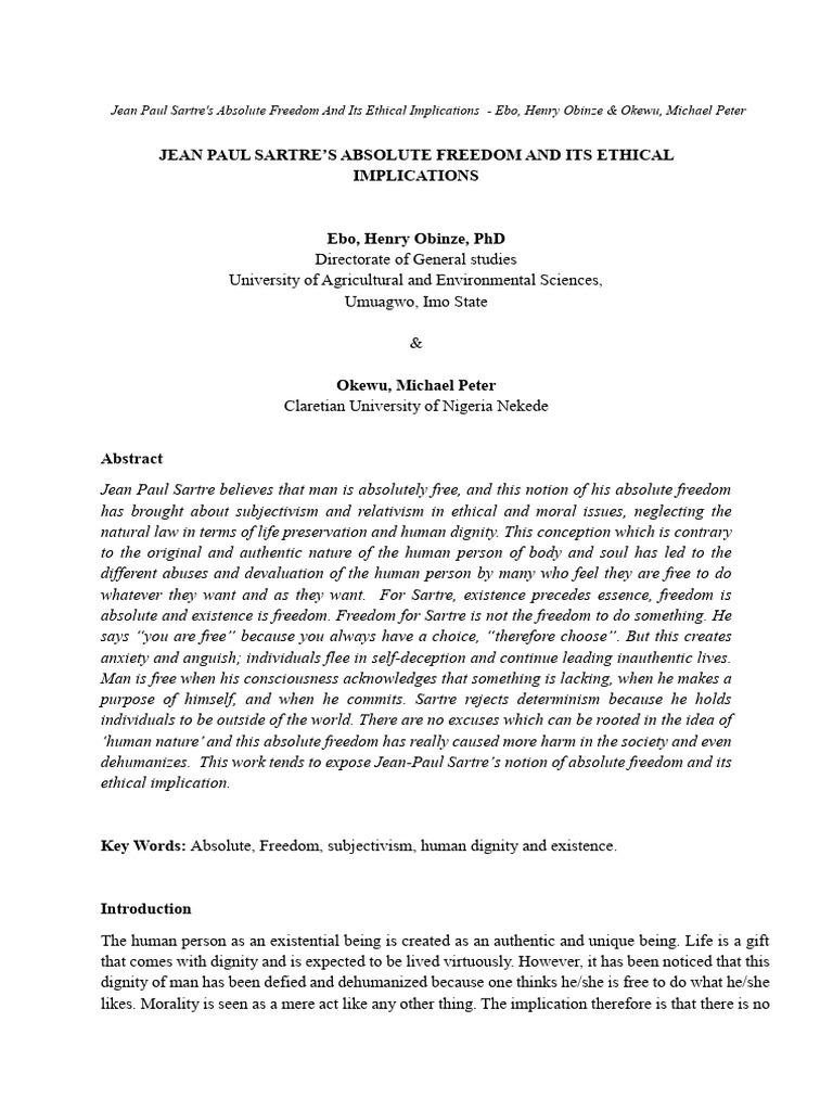 Sartre's Absolute Freedom and Ethics | PDF | Existence | Metaphysics
