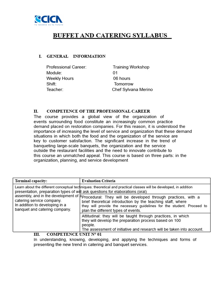 Buffet and Catering Course Syllabus | PDF | Cakes | Fruit Preserves