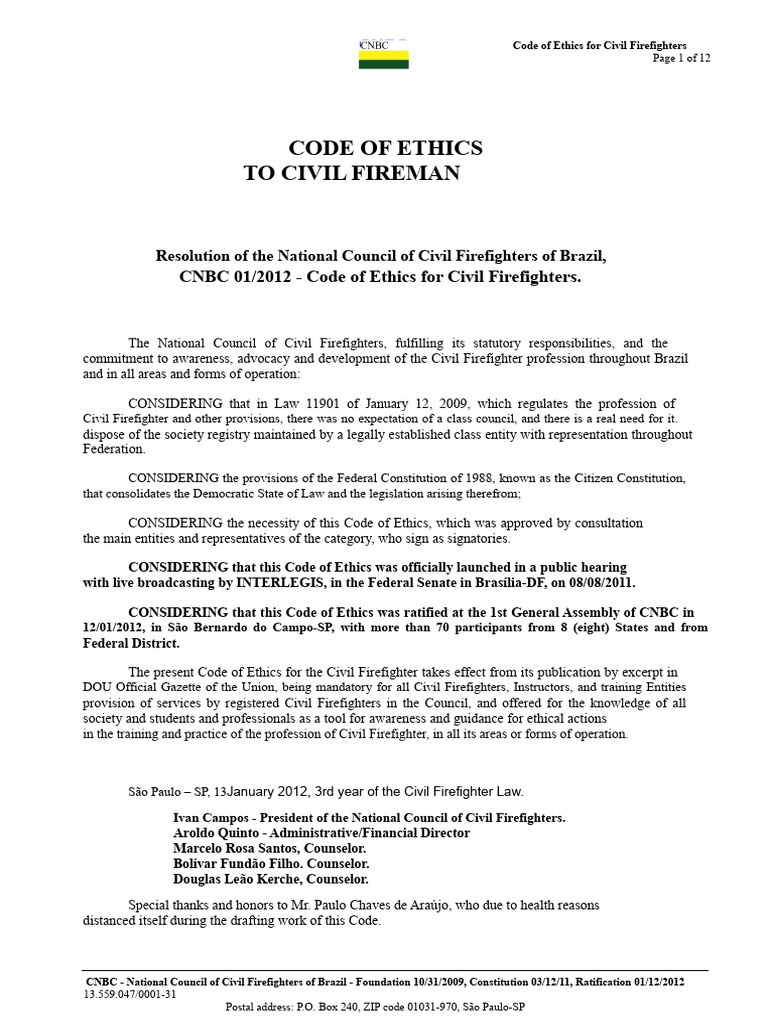 Civil Firefighters' Code of Ethics | PDF | Profession | Crimes