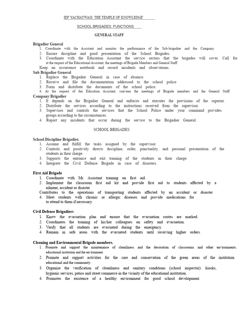 Functions of School Brigades | PDF | Brigade | Staff (Military)