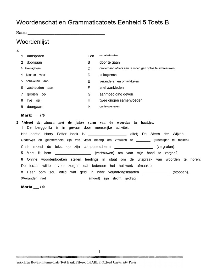 Woordenlijst & Grammatica Toets Eenheid 5 Toets B | PDF
